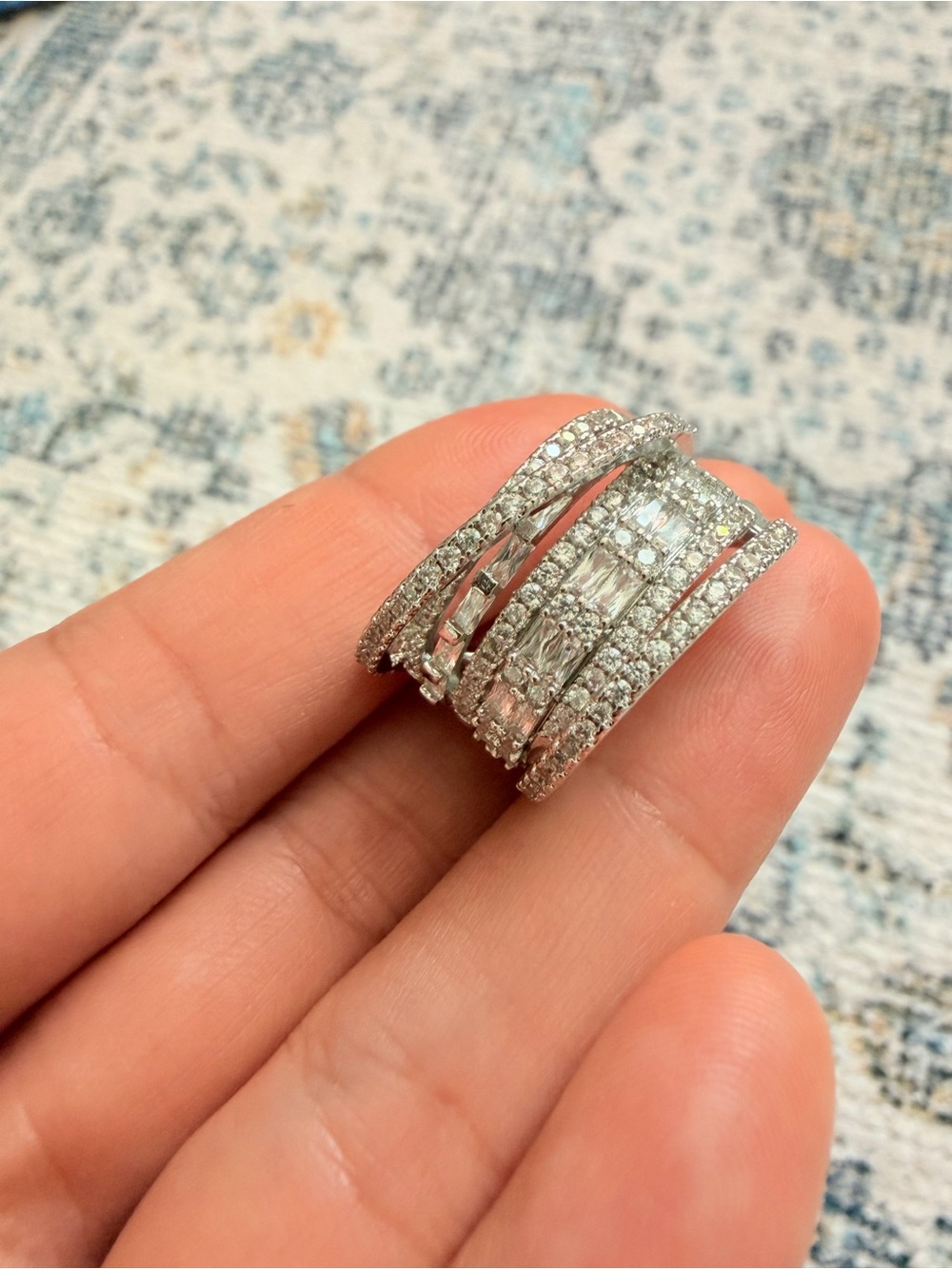 Silver Multi-Row Pavé Diamond Statement Ring Bridal Rings Size 8 - Picture 3 of 5